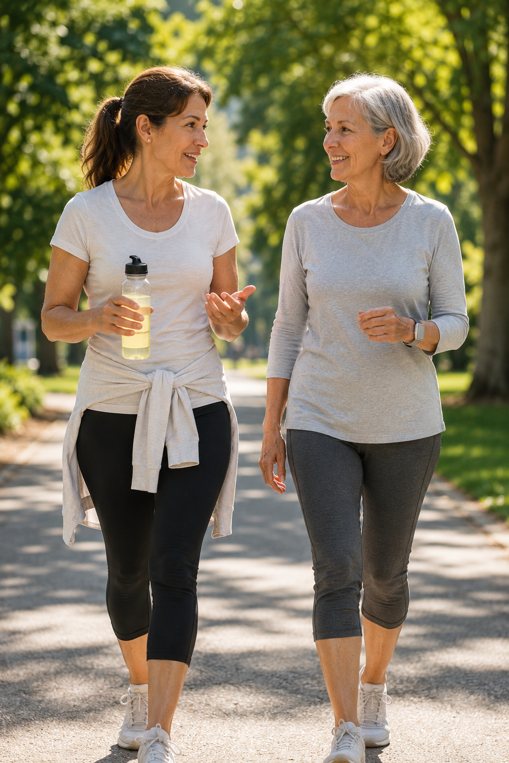 Two women talking about ėNOS while walking outdoors