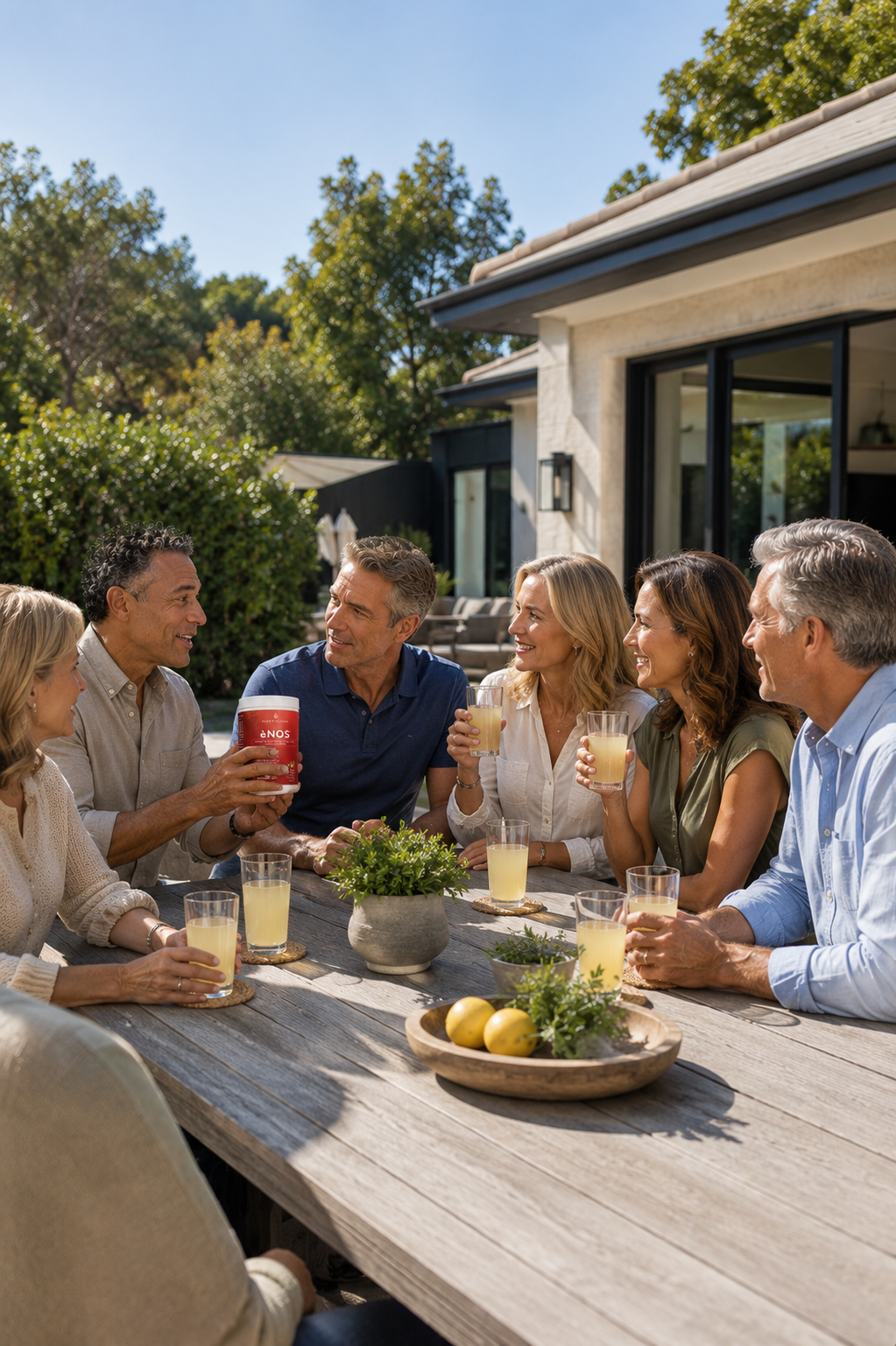 Group of people sharing ėNOS together outdoors
